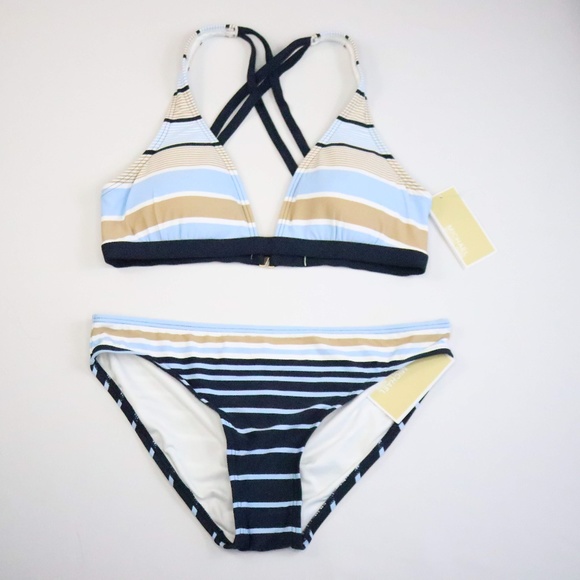 NWT Michael Kors Blue Abby Stripe Bikini - M- F001 - Picture 2 of 5